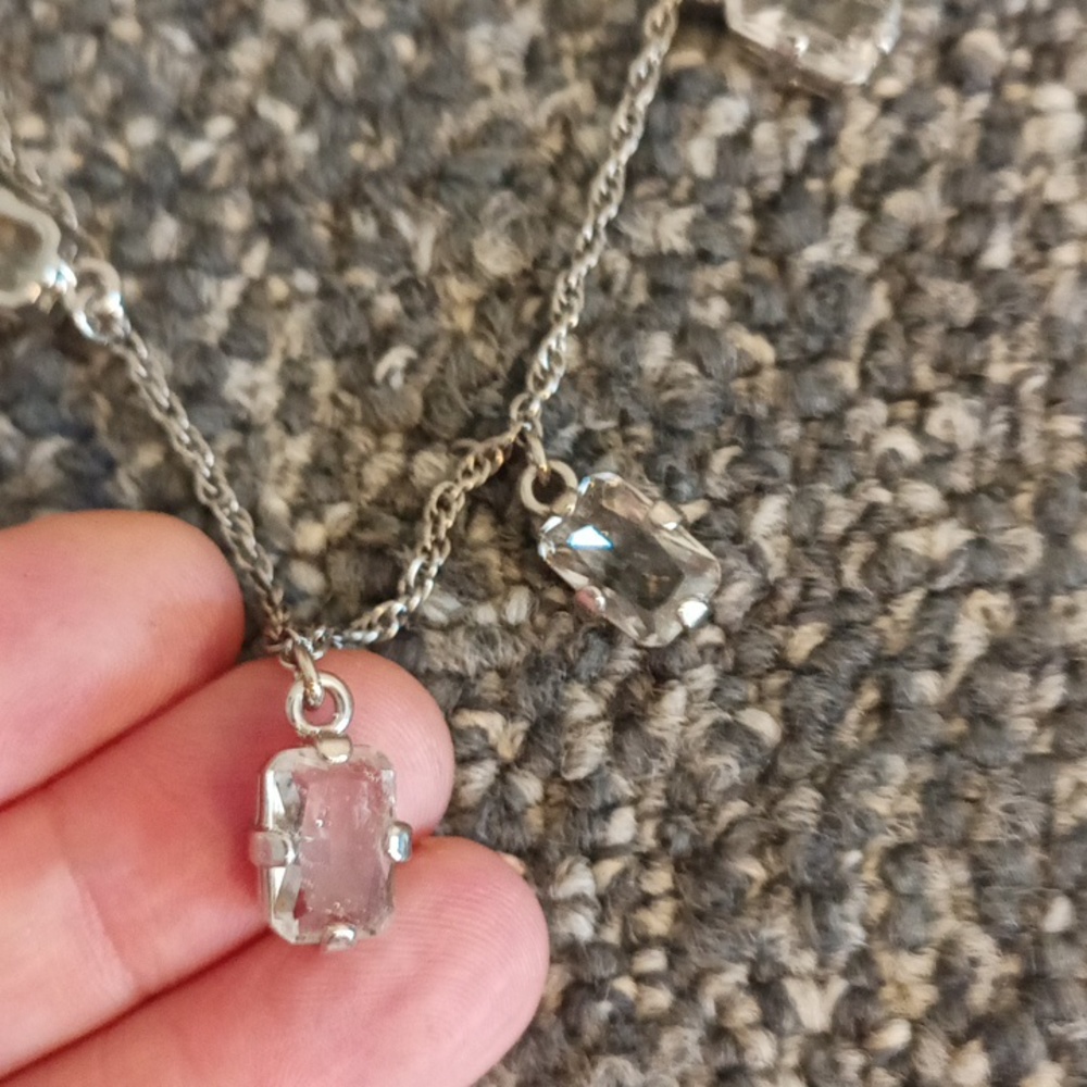 Ann Taylor Long silver tone chain necklace clear crystal squares - Picture 4 of 6